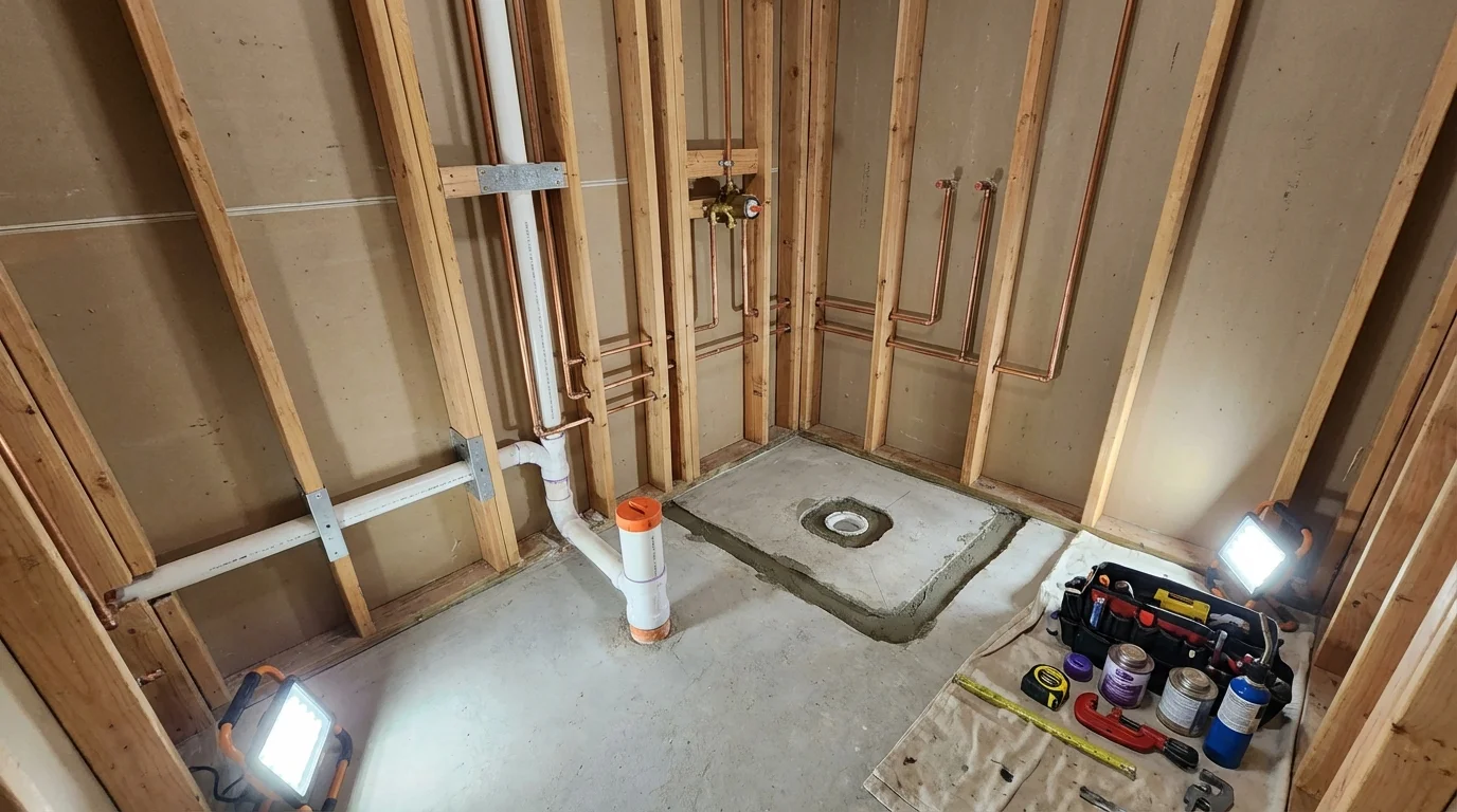 Bathroom rough-in plumbing during remodel by Johns Plumbing LLC in Rehoboth