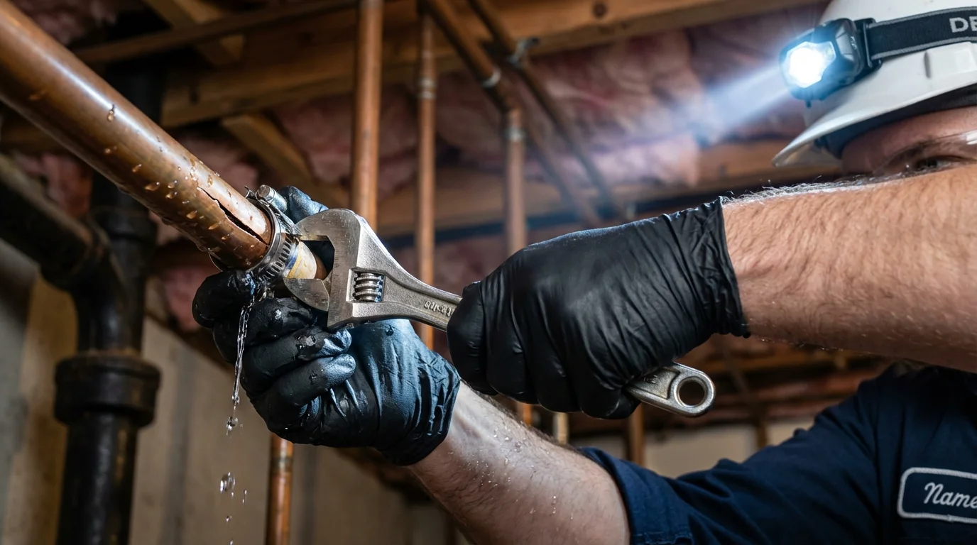 Emergency pipe clamp repair being performed by a Johns Plumbing LLC plumber in Rehoboth