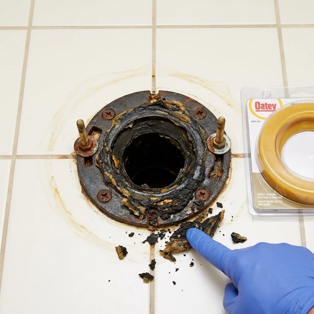 Failed wax ring showing water seepage at the base of a toilet in a Rehoboth, MA home